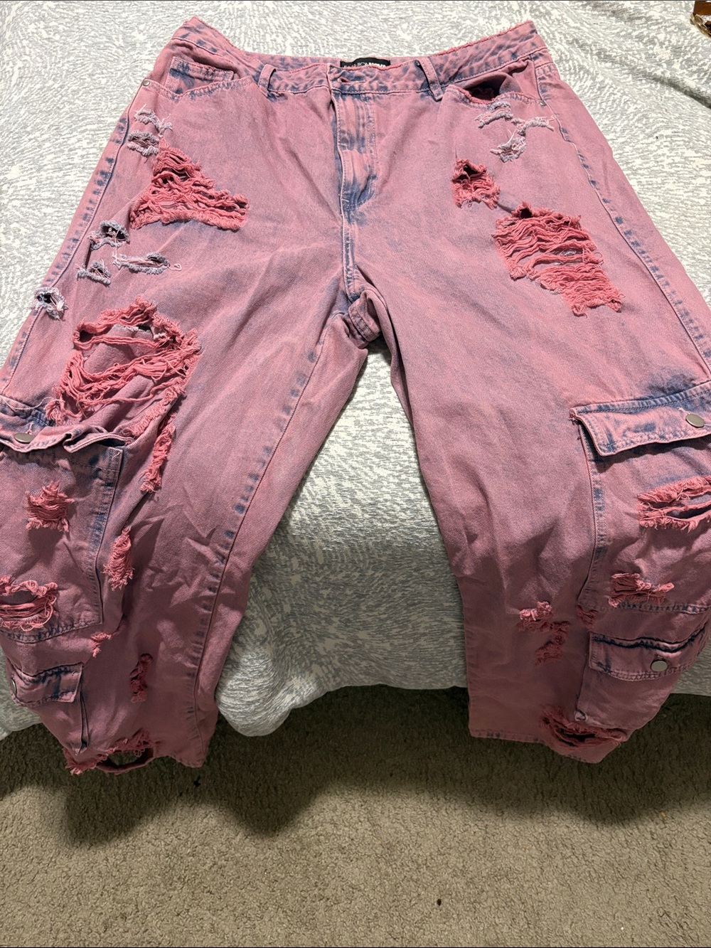 Fashion Nova Distressed Pink Cargo Jeans